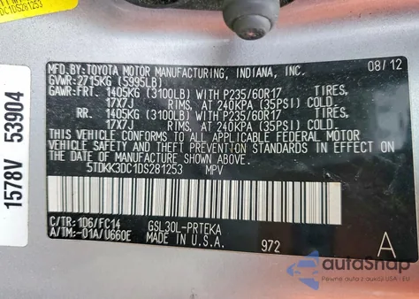 2013 Toyota Sienna Le 8-Passenger из США, поврежденный, VIN 5TDKK3DC1DS281253